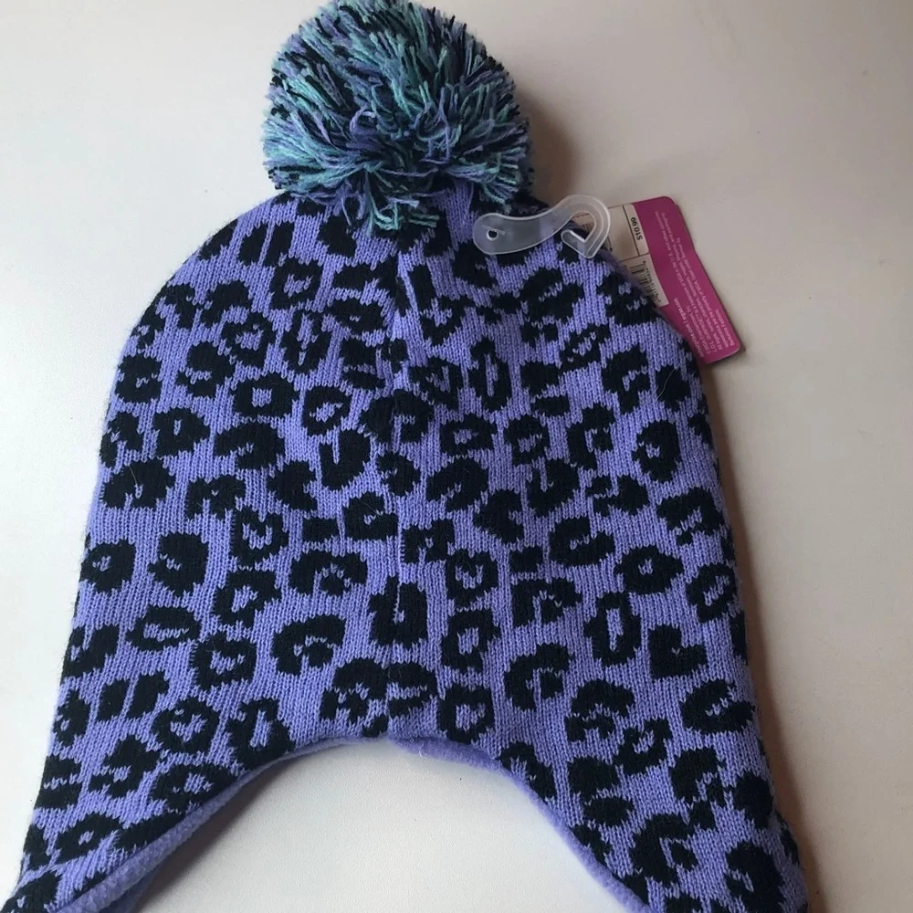 Lol Surprise! Born To Rock Hat Kids Purple Cheetah Winter Hat with Pom Pom NWT